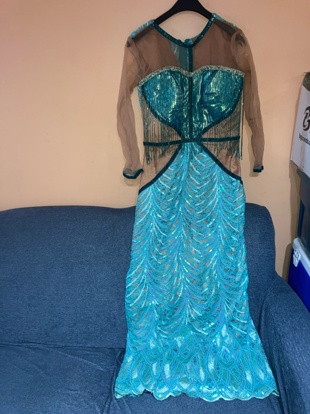 Turquoise Long-Sleeve Sequin & Mesh Evening Dress